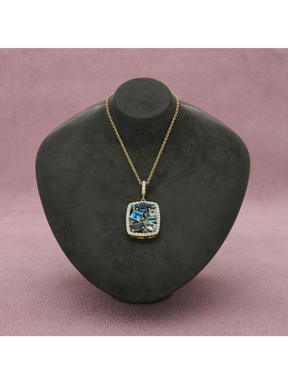 sloane street 18k yellow gold diamond blue topaz cluster necklace size 16-18in